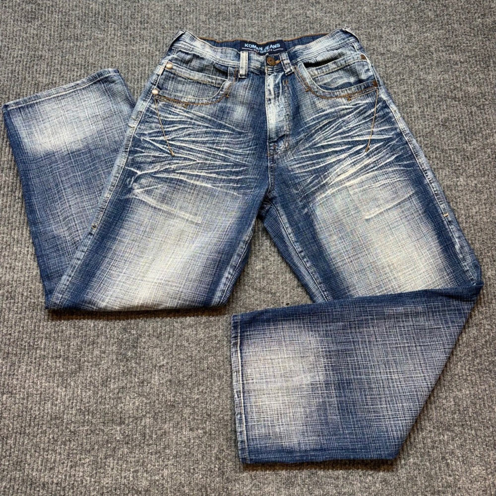 Vintage Koman Jeans Mens Baggy Y2K Distressed Whisker Jeans 32x32 32x31